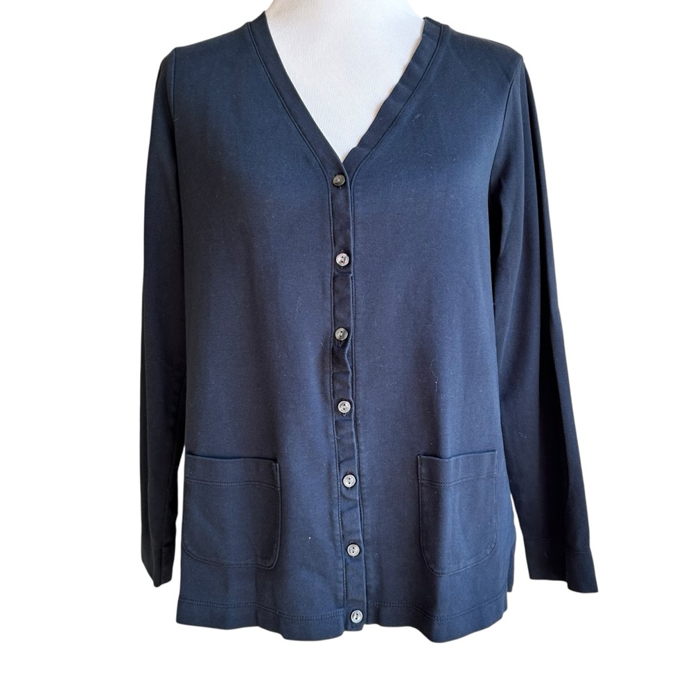 L.L. Bean black jersey knit cotton v neck cardigan sz L
